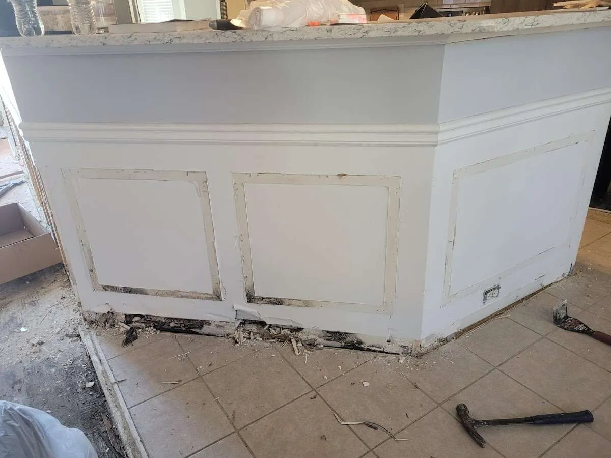 Water damage and mold on kitchen during Storm Damage Restoration in La Homa